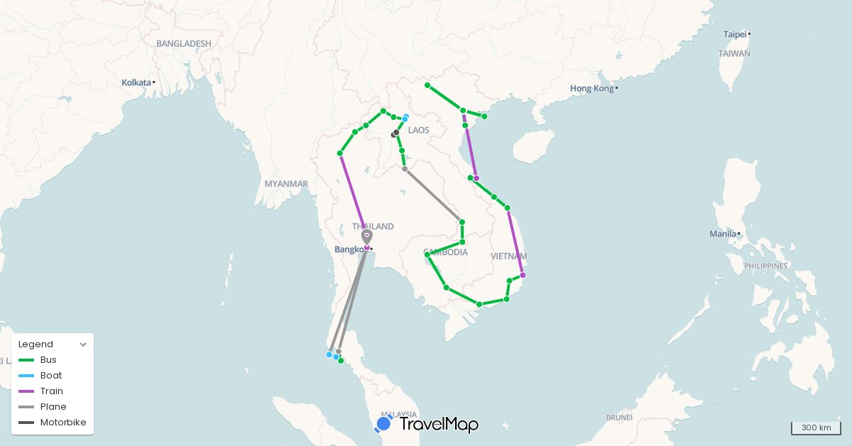 TravelMap itinerary: bus, plane, train, boat, motorbike in Cambodia, Laos, Thailand, Vietnam (Asia)